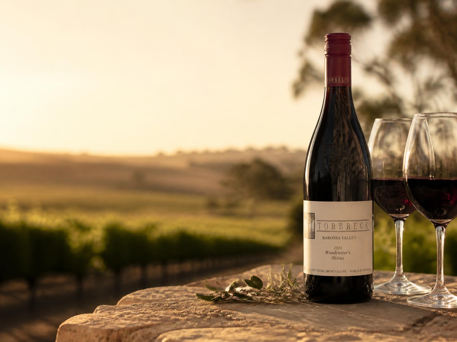A bottle of Barossa Valley Shiraz and two filled glasses on a stone ledge at sunset